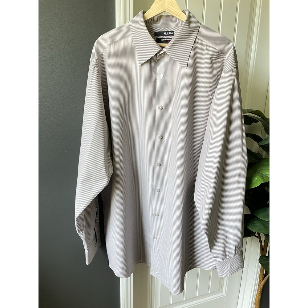 Murano Modern Comfort XLA Dress Shirt Mens 2XT Tall Beige Brown Striped L/S